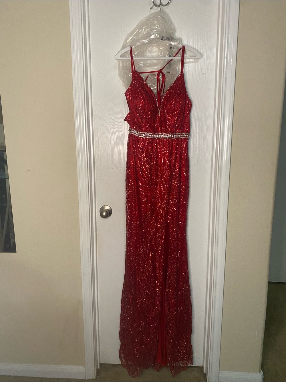 Dancing Queen Red Sequin Prom Gown with Beaded Waist
